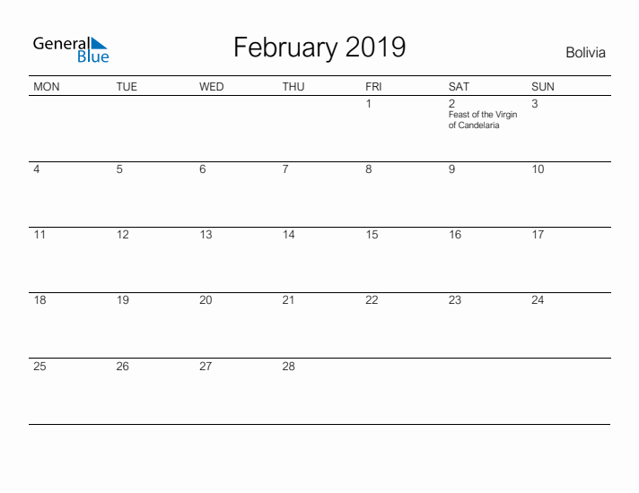 Printable February 2019 Calendar for Bolivia