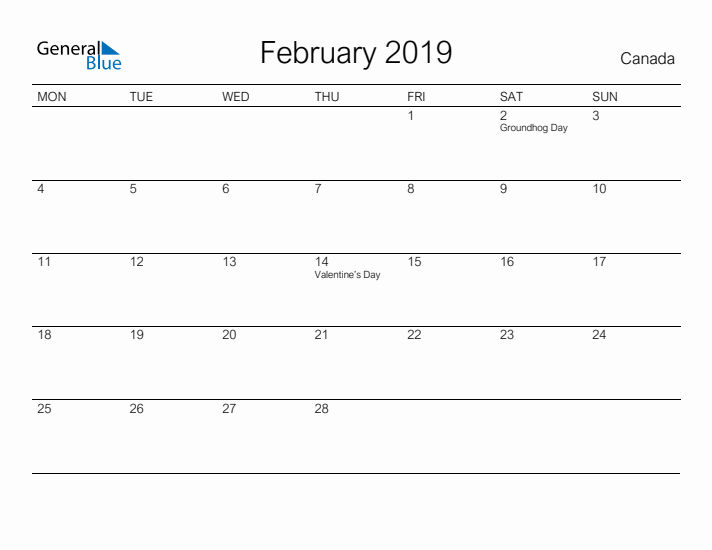 Printable February 2019 Calendar for Canada