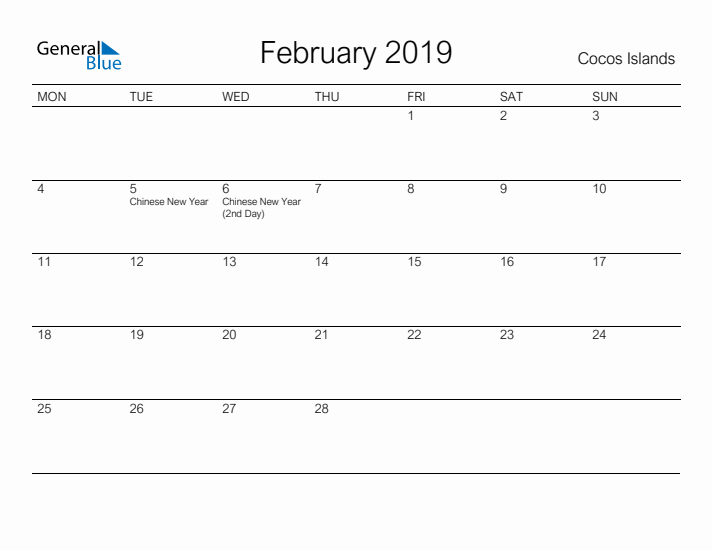 Printable February 2019 Calendar for Cocos Islands