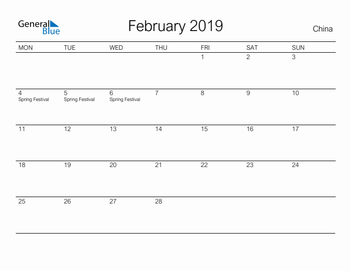 Printable February 2019 Calendar for China