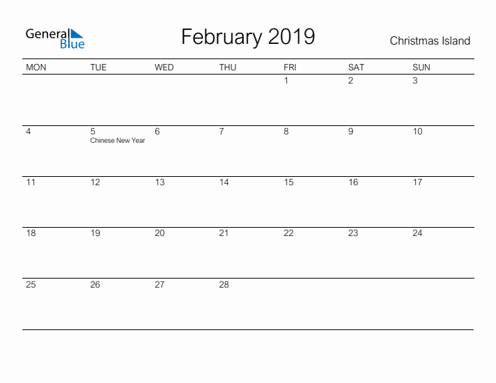 Printable February 2019 Calendar for Christmas Island