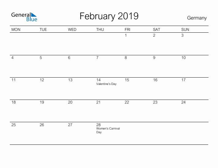 Printable February 2019 Calendar for Germany