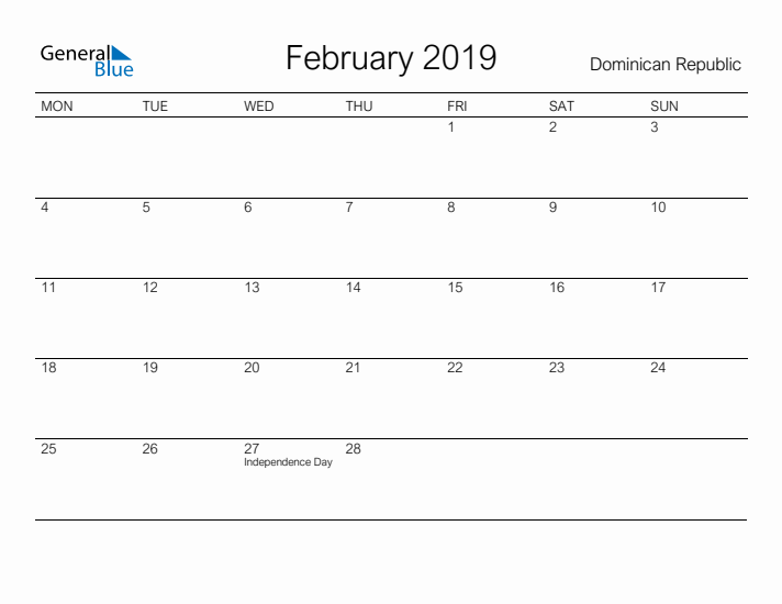 Printable February 2019 Calendar for Dominican Republic