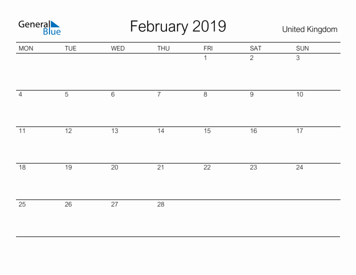 Printable February 2019 Calendar for United Kingdom