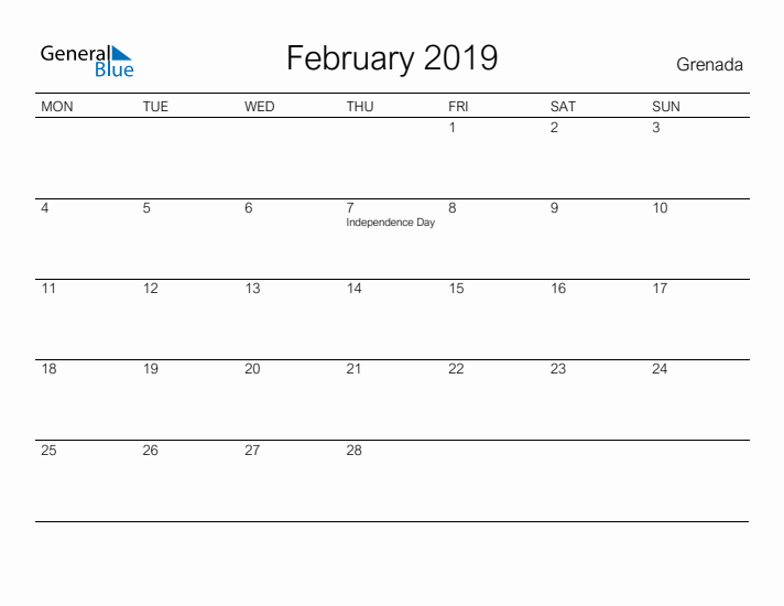 Printable February 2019 Calendar for Grenada