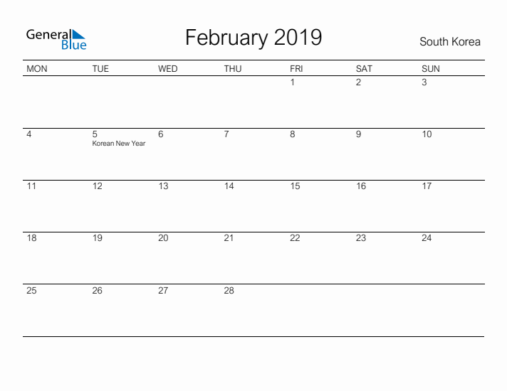 Printable February 2019 Calendar for South Korea
