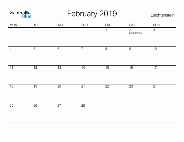 Printable February 2019 Calendar for Liechtenstein