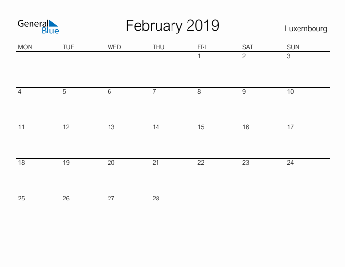 Printable February 2019 Calendar for Luxembourg
