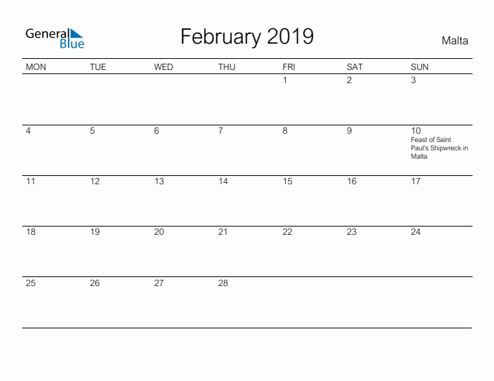 Printable February 2019 Calendar for Malta