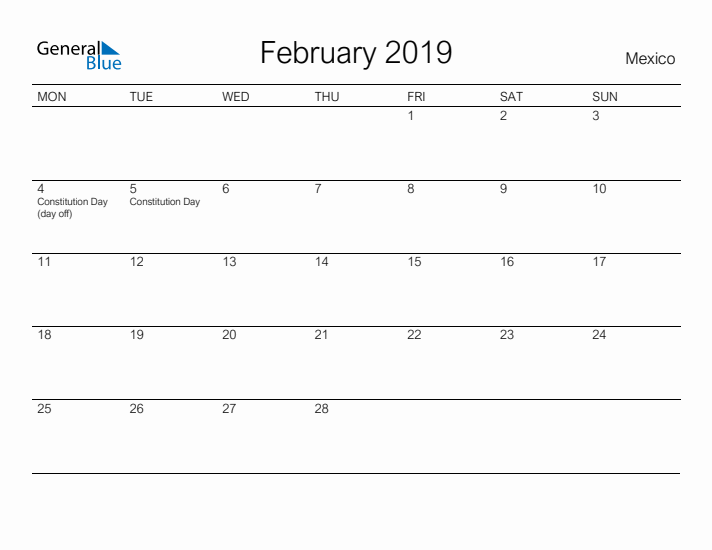 Printable February 2019 Calendar for Mexico
