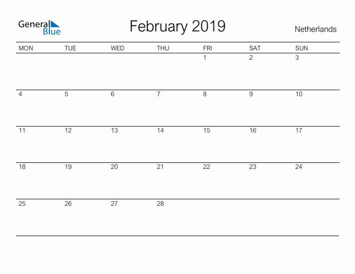Printable February 2019 Calendar for The Netherlands