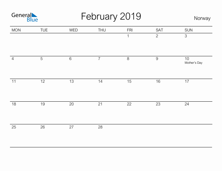 Printable February 2019 Calendar for Norway