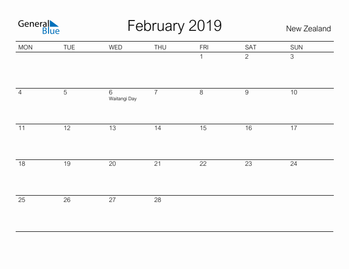 Printable February 2019 Calendar for New Zealand