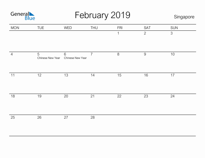 Printable February 2019 Calendar for Singapore