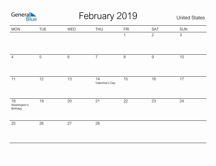 Printable February 2019 Calendar for United States