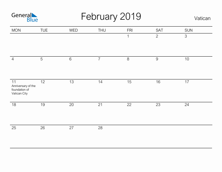 Printable February 2019 Calendar for Vatican