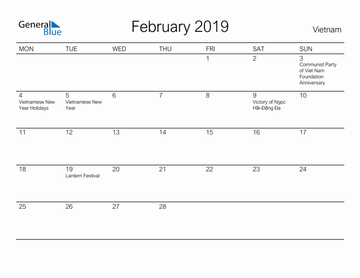 Printable February 2019 Calendar for Vietnam