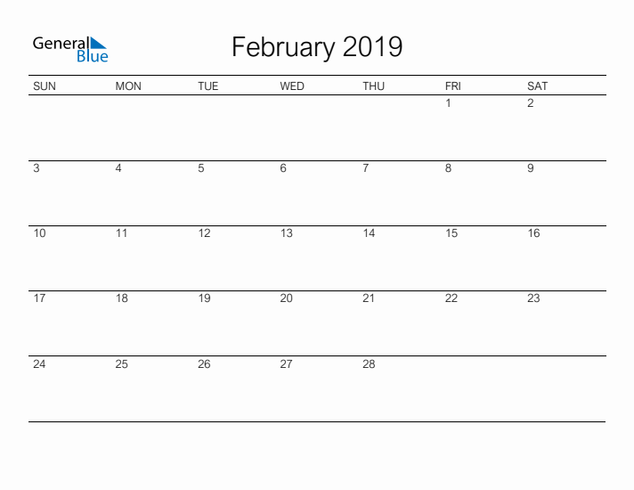 Printable February 2019 Calendar - Sunday Start
