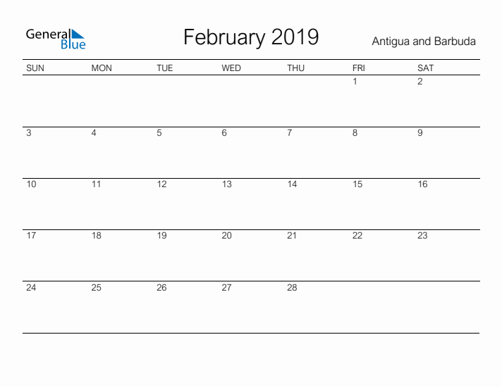 Printable February 2019 Calendar for Antigua and Barbuda