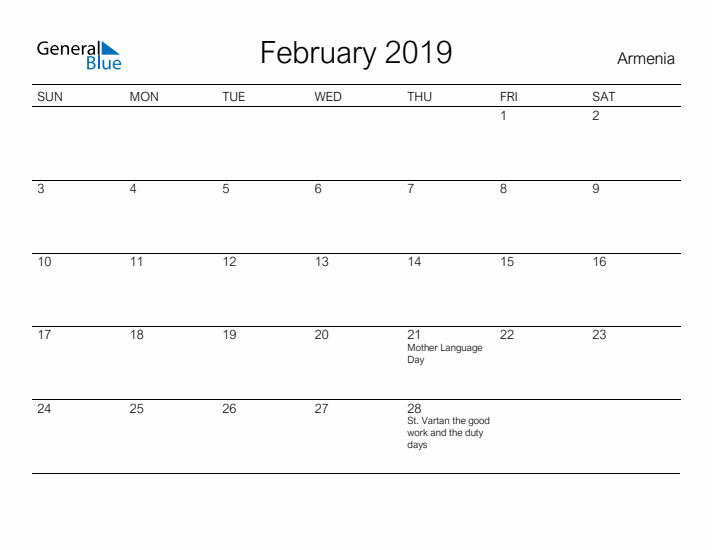 Printable February 2019 Calendar for Armenia