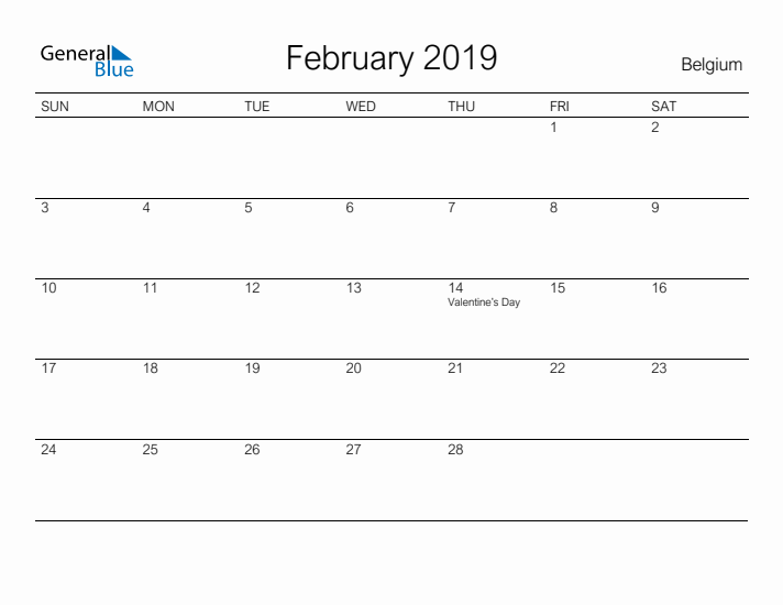 Printable February 2019 Calendar for Belgium