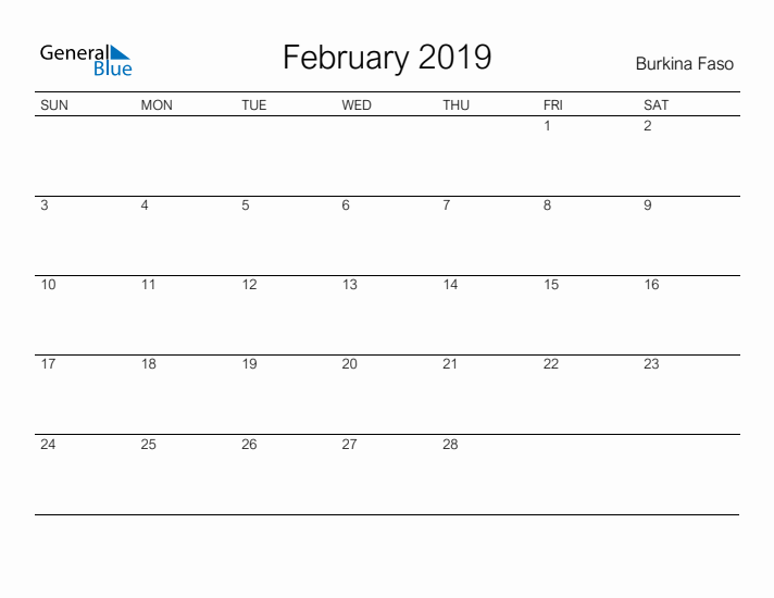 Printable February 2019 Calendar for Burkina Faso