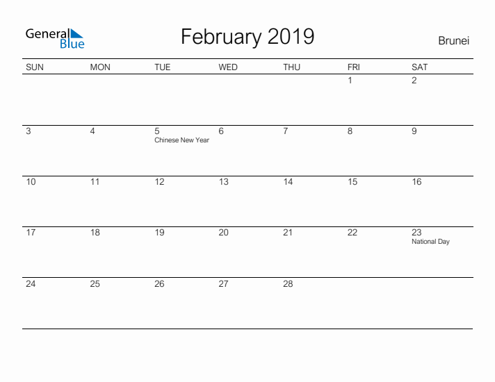 Printable February 2019 Calendar for Brunei
