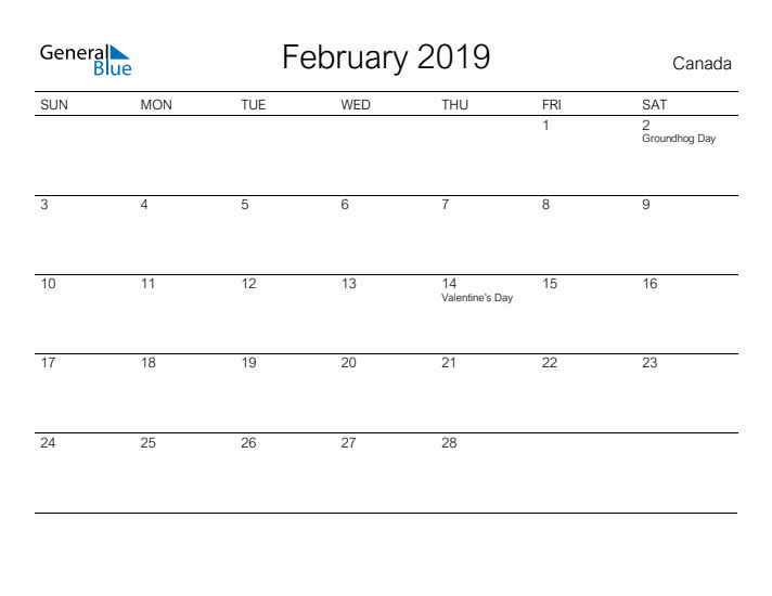 Printable February 2019 Calendar for Canada