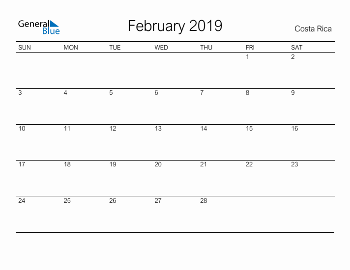 Printable February 2019 Calendar for Costa Rica