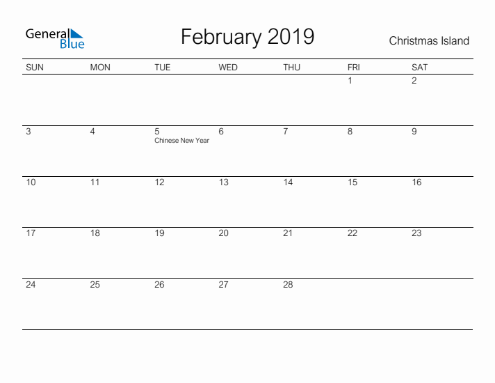 Printable February 2019 Calendar for Christmas Island