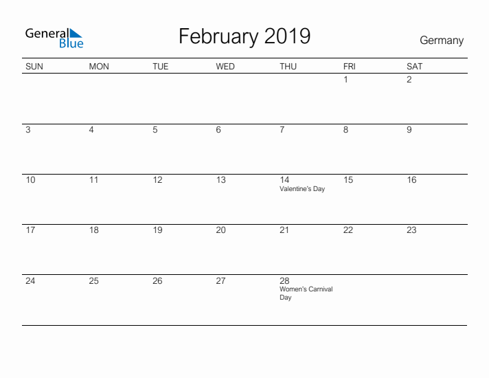 Printable February 2019 Calendar for Germany