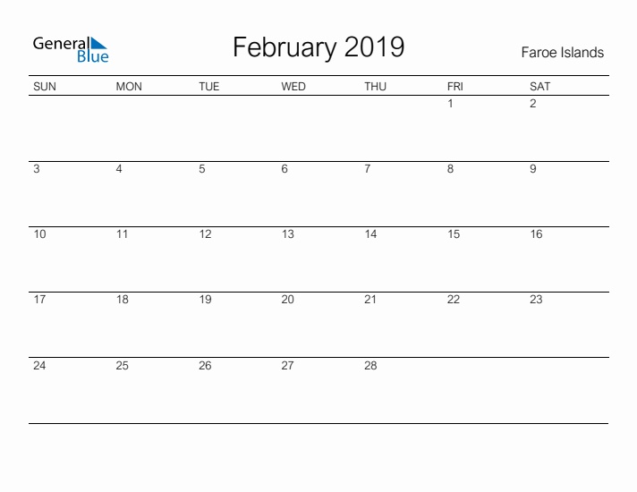 Printable February 2019 Calendar for Faroe Islands