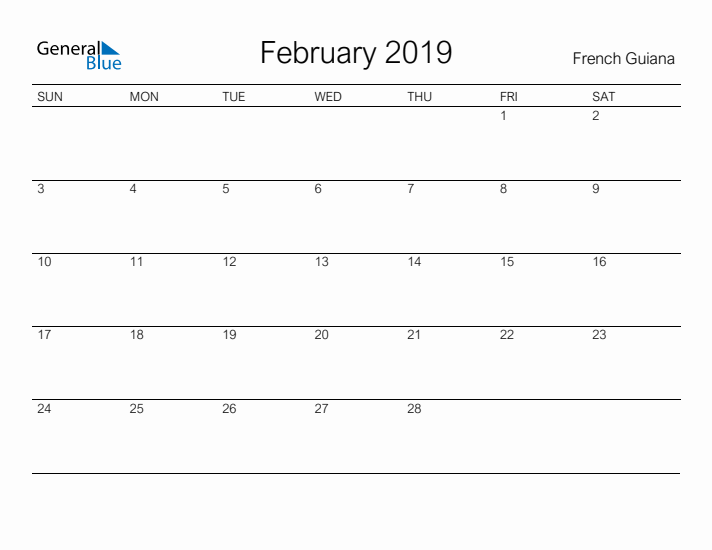 Printable February 2019 Calendar for French Guiana