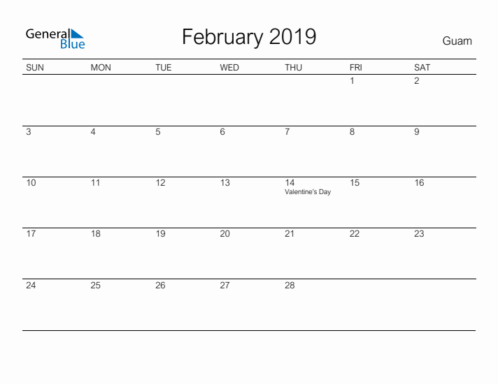 Printable February 2019 Calendar for Guam