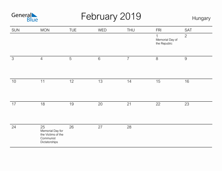 Printable February 2019 Calendar for Hungary
