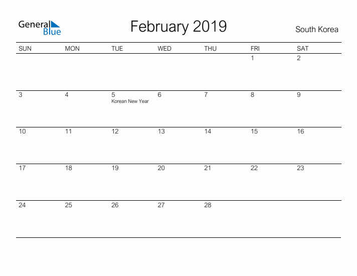 Printable February 2019 Calendar for South Korea