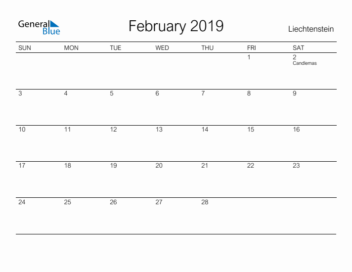 Printable February 2019 Calendar for Liechtenstein