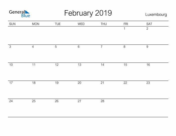 Printable February 2019 Calendar for Luxembourg