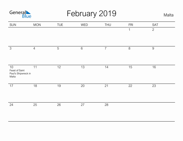 Printable February 2019 Calendar for Malta