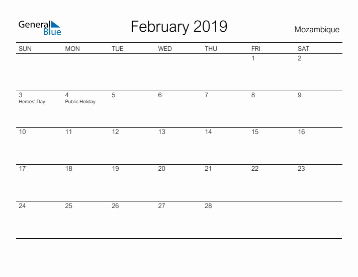 Printable February 2019 Calendar for Mozambique
