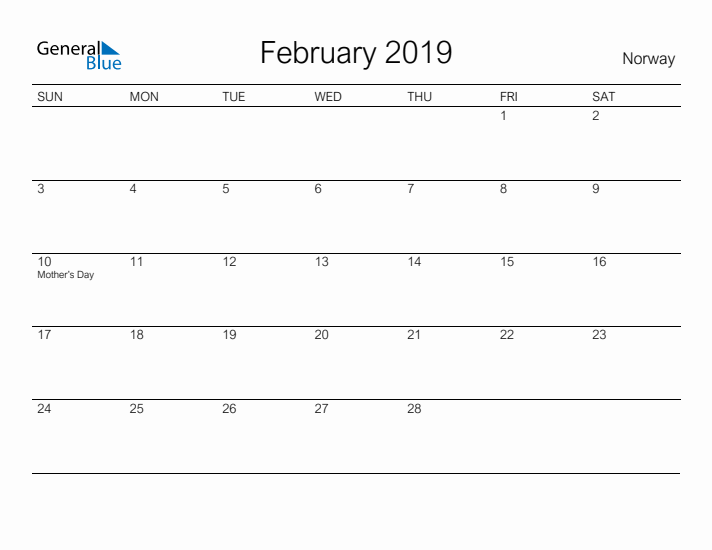 Printable February 2019 Calendar for Norway