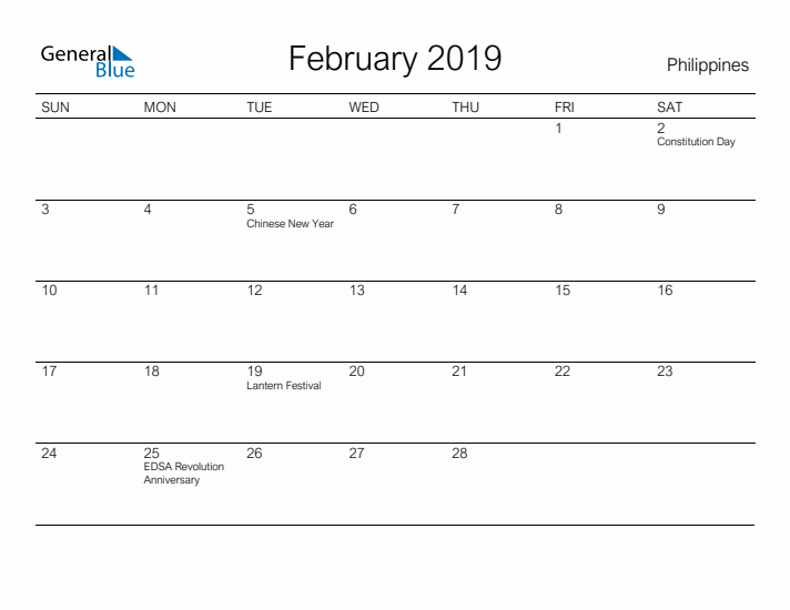 Printable February 2019 Calendar for Philippines