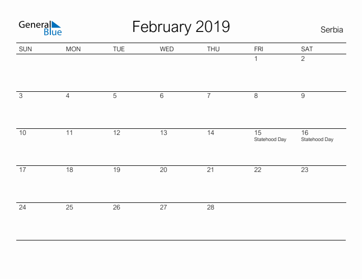 Printable February 2019 Calendar for Serbia