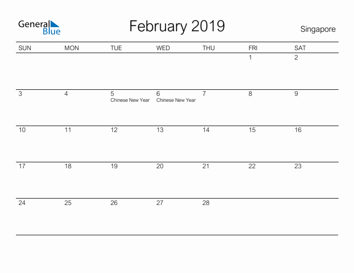 Printable February 2019 Calendar for Singapore