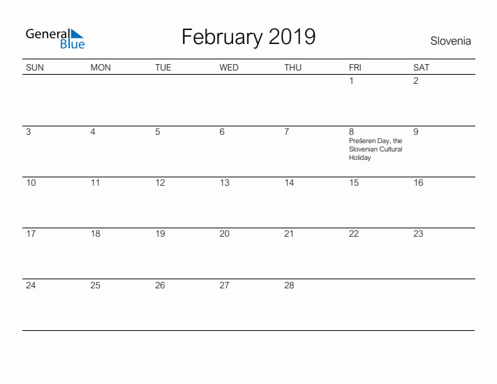 Printable February 2019 Calendar for Slovenia