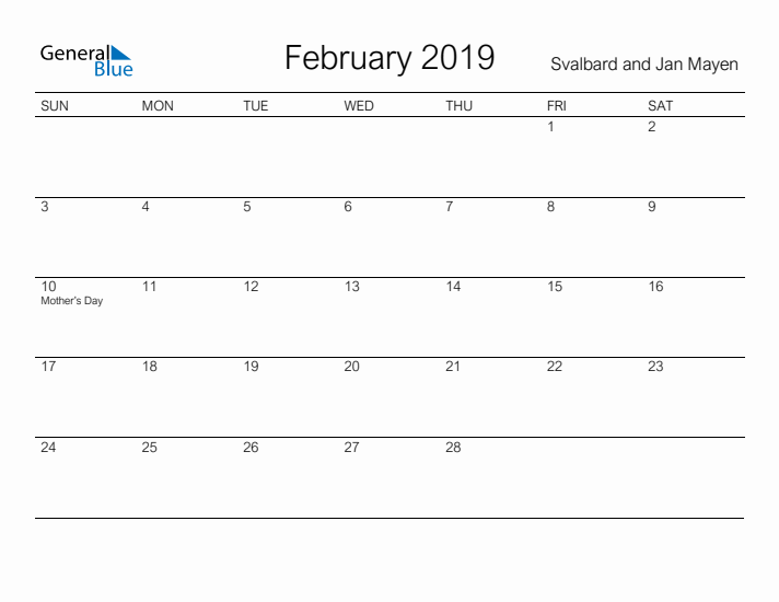 Printable February 2019 Calendar for Svalbard and Jan Mayen