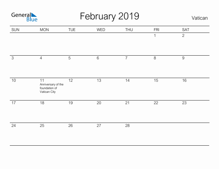 Printable February 2019 Calendar for Vatican