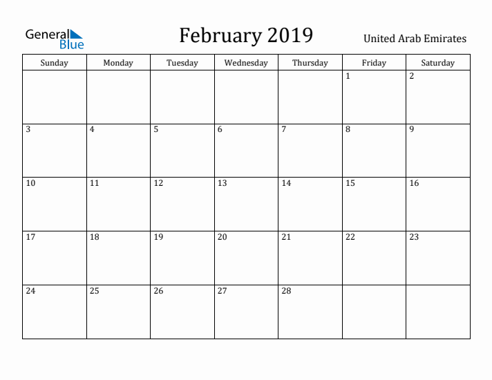 February 2019 Calendar United Arab Emirates