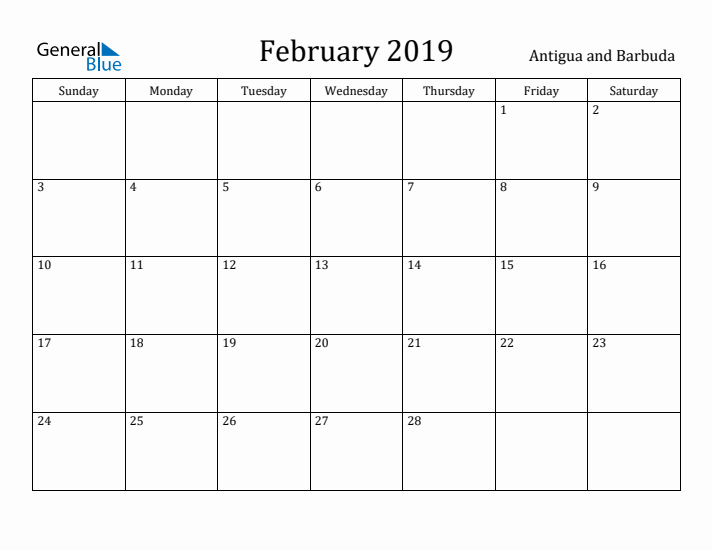 February 2019 Calendar Antigua and Barbuda