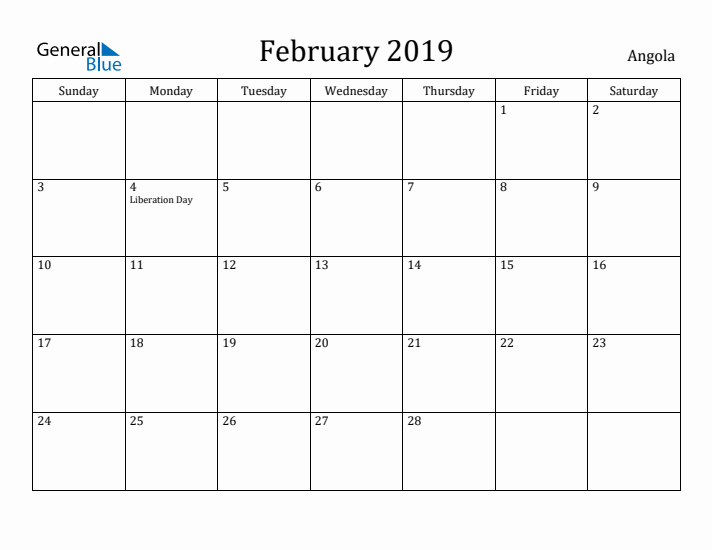 February 2019 Calendar Angola